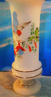 Vtg Hand Blown Frosted Bristol Glass Vase Hand Painted Bird & Flowers
