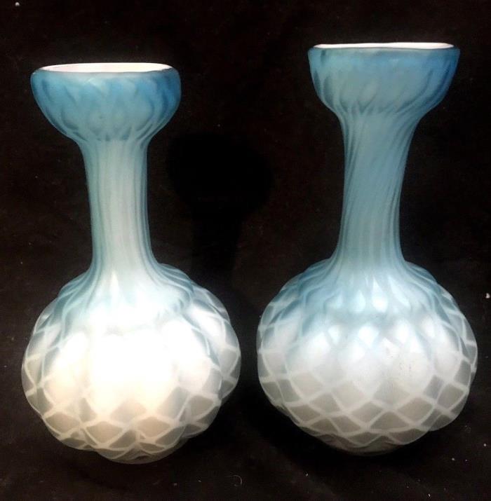 Pair Antique Mother Of Pearl Satin Art Glass Vases 1880