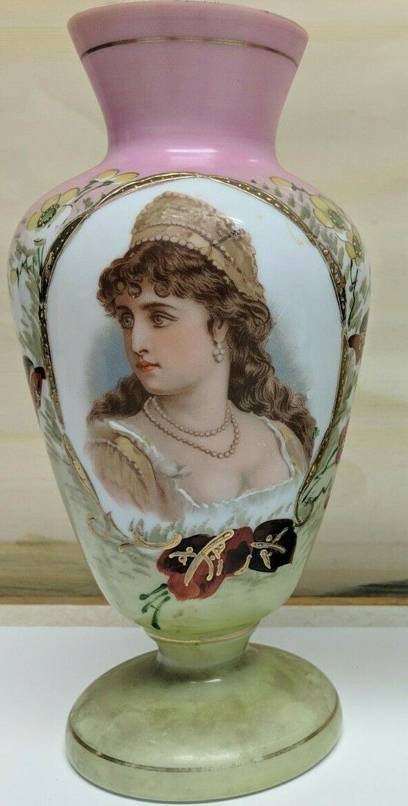 19th Century Bristol Glass Hand Blown Portrait Enameled Vase 11