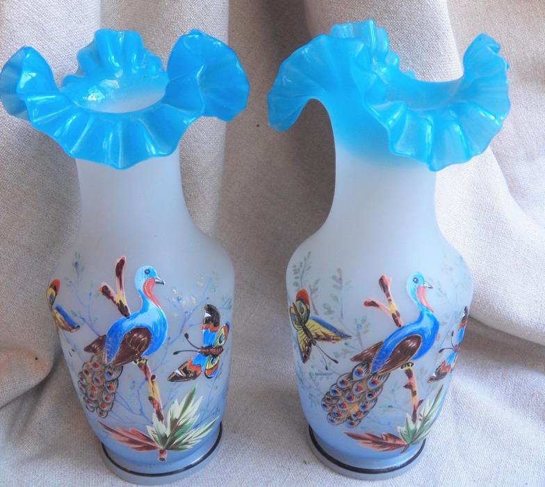 Pair Victorian Bristol Glass Vases ~ enamel painted Peacock + Butterflies