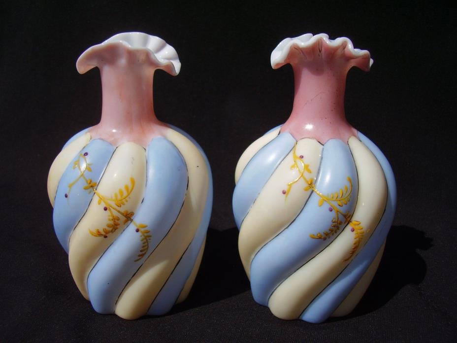 Pair of Victorian Era Bohemian Art Glass Decorated Vases