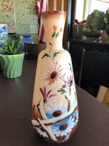 Beautiful 12.75” Victorian Hand Painted Milk Glass Vase Flowers & Branches