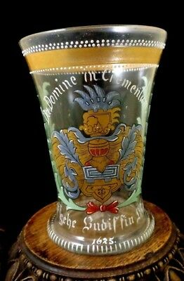 1880s Antique Historism Fritz Heckert 17thC Coat of Arms Enamel Art Glass Beaker