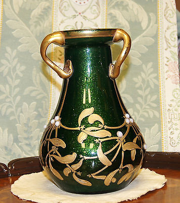 Art Nouveau French Green Glass Beaded Vase Three Handled Love Cup Circa 1900