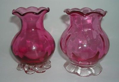 2 ANTIQUE VICTORIAN 4-INCH CRANBERRY GLASS VASES CLEAR RUFFLED BOTTOM FLUTING