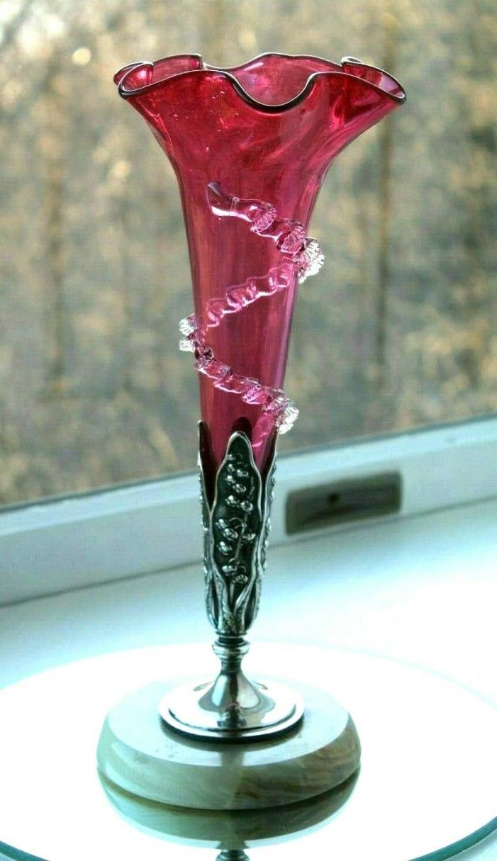 ANTIQUE VICTORIAN CRANBERRY GLASS RUFFLED VASE SILVER LILY VALLEY HOLDER RIGAREE