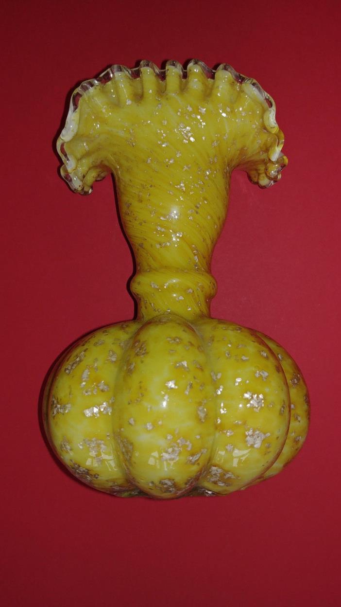 Victorian Circa 1900 Antique Yellow Spatter Glass Vase Ruffled Rim Silver Fleck