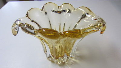 Vintage Clear & Light Amber Blown Art Glass Vase, 5 3/4 Tall, 9 x 5 3/4 in. Top