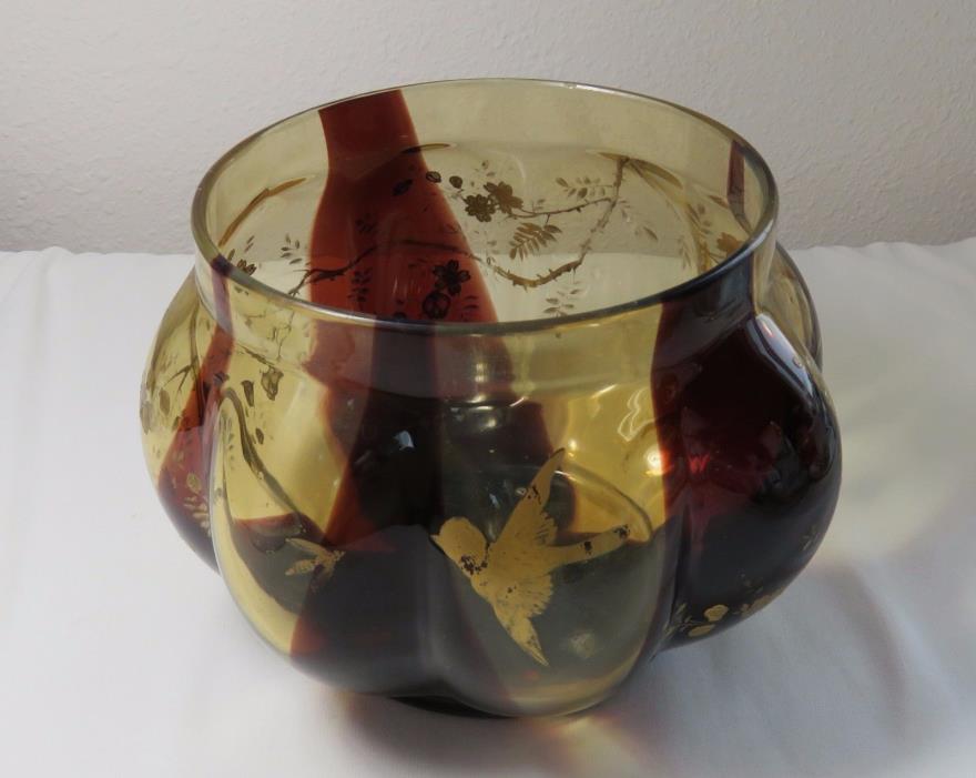Art Glass Tortoise Shell Vase with Gold Trim of Flowers and Birds