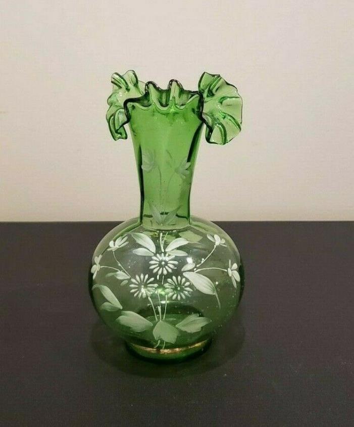ANTIQUE HAND BLOWN & PAINTED THIN GREEN ART GLASS FLUTED  VASE, EXCELLENT COND.