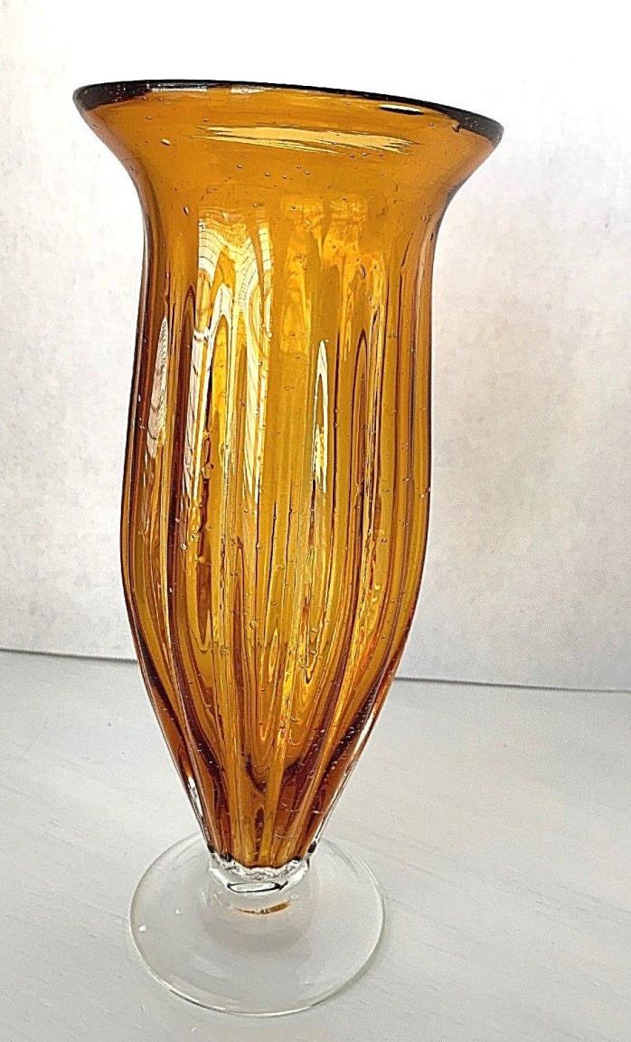 Vintage Ribbed Amber Bubble Glass Tall Vase-Hand Blown