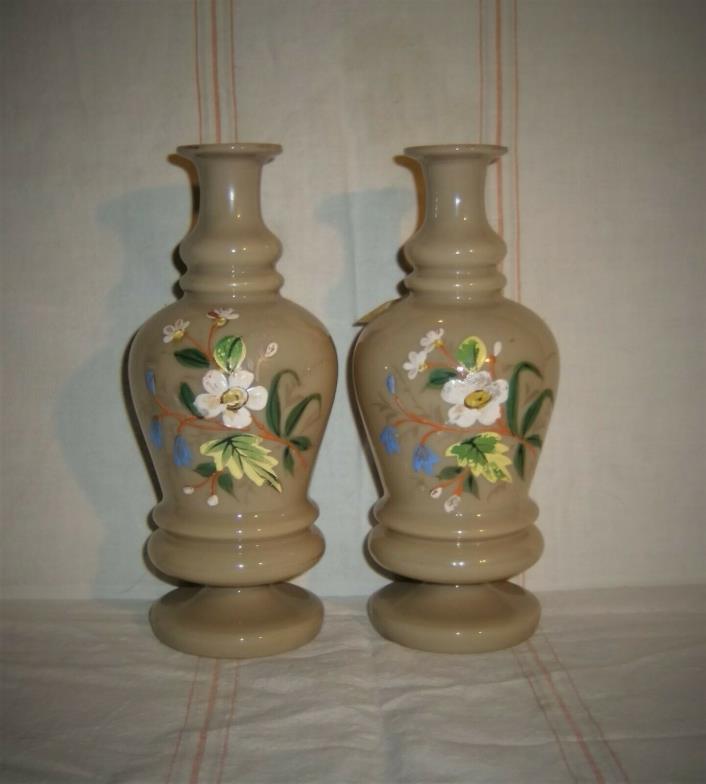 Antique VASE Pair Floral Enamel Mocha Blown Glass Bristol Victorian Shabby