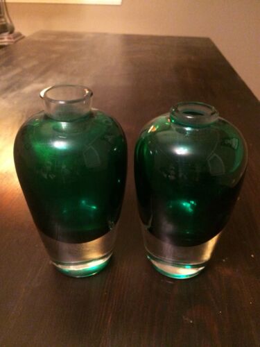 Pair, Art Glass Green Vases, 6