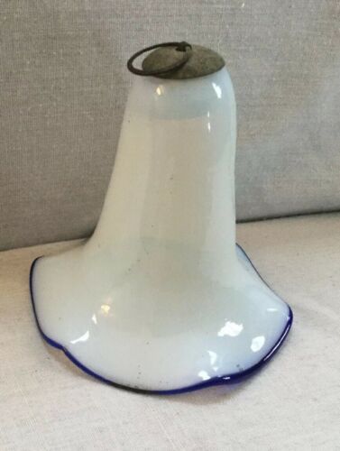 Antique Blown Opalescent Glass Hanging 3.5” Smoke Bell with Blue Rim- Estate