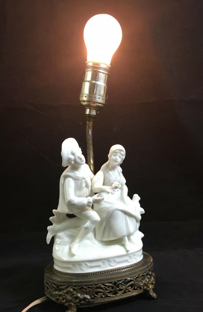 Antique White Porcelain Lamp Courting Couple Ornate Filigree Brass Base & Feet