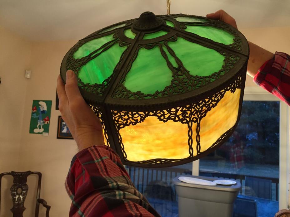 Antique Art Nouveau slag glass lamp shade green yellow shade only