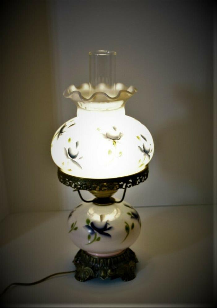Vintage GWTW Blue White Floral Hand Painted Hurricane Table Lamp 21”