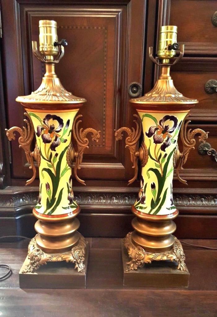 Pair Of Antique French Longwy Ormolu Bronze Brass Footed Lamps Dragon Handles