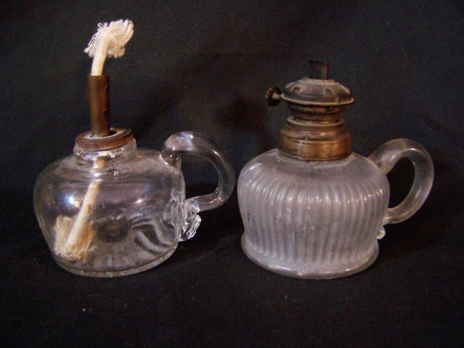 2 Antique Whale Oil Glass Fluid  Finger Lamp Lamps EAPG Flint Glass