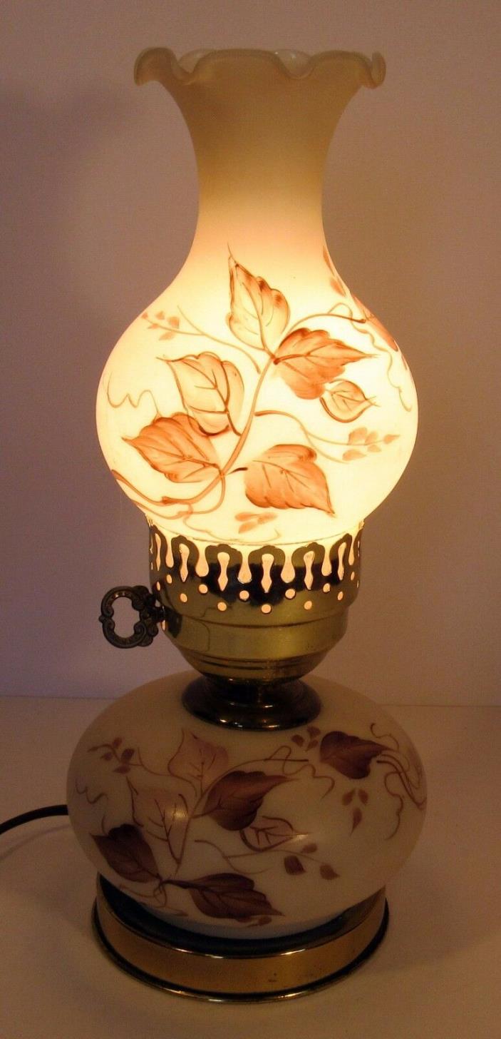 Vintage Electric Glass Lamp with Painted Leaf Pattern