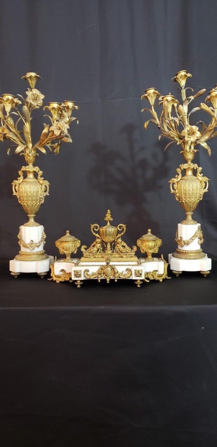 Antique French Bronze Empire Era Floral 5 Light Candelabra on Marble Base