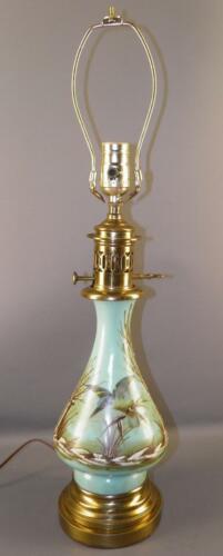 ANTIQUE VICTORIAN TURQUOISE  BLUE HAND PAINTED FIGURAL OPALINE GLASS OIL LAMP