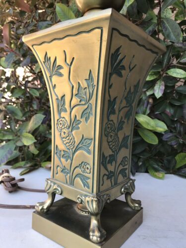 Vintage Ornate Oriental Style Table Lamp Brass 27” Tall Floral Inlay Design