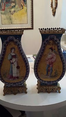Antique Pair of  French Faience Vases/Lamps Handpainted