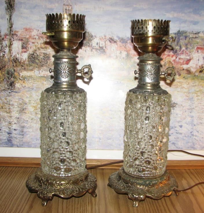 Pair Vintage BUBBLE GLASS & Brass Hollywood Regency Table Lamps Mid Century