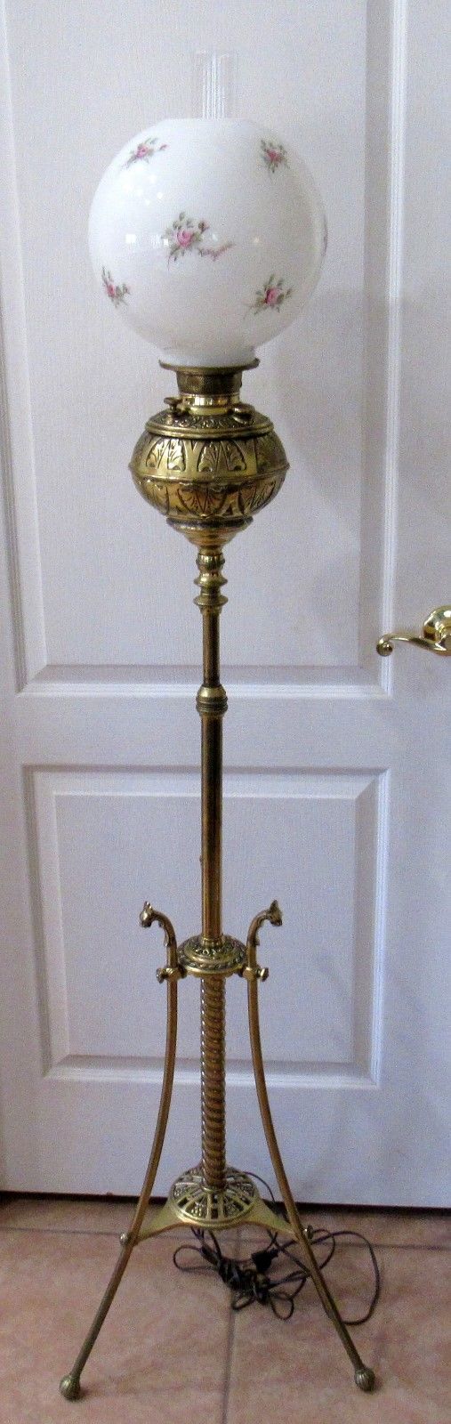 Antique Brass Piano/Organ Floor Lamp Dated June 18 1878 Glass Shade Electric