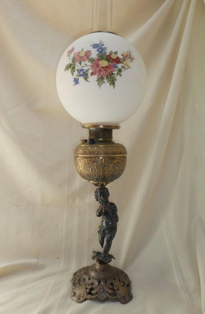 GWTW ANTIQUE BANQUET PARLOR LAMP CHERUB BASE, FLORAL MILK GLASS GLOBE w/BEADS