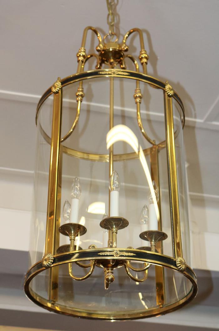 MONUMENTAL Bowed Glass Brass Lantern Lamp Chandelier French Empire 1 of 2