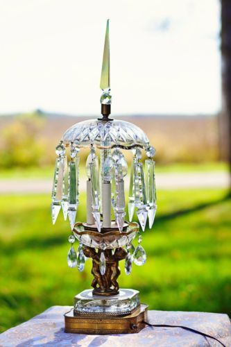 Crystal Cathedral Double Cherub Hollywood Candlestick Antique Prism Lamp Brass