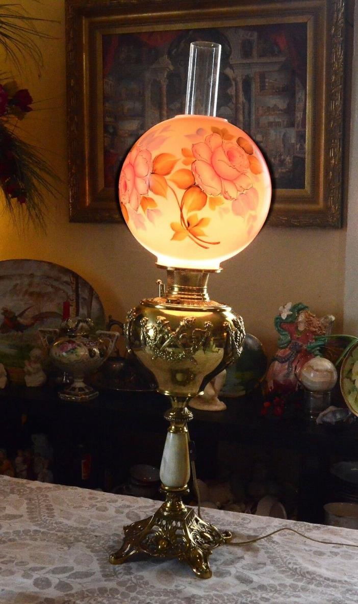 Antique BANQUET LAMP Orig Oil HP GLOBE Flowers B&H NB&IW Miller BRASS & MARBLE