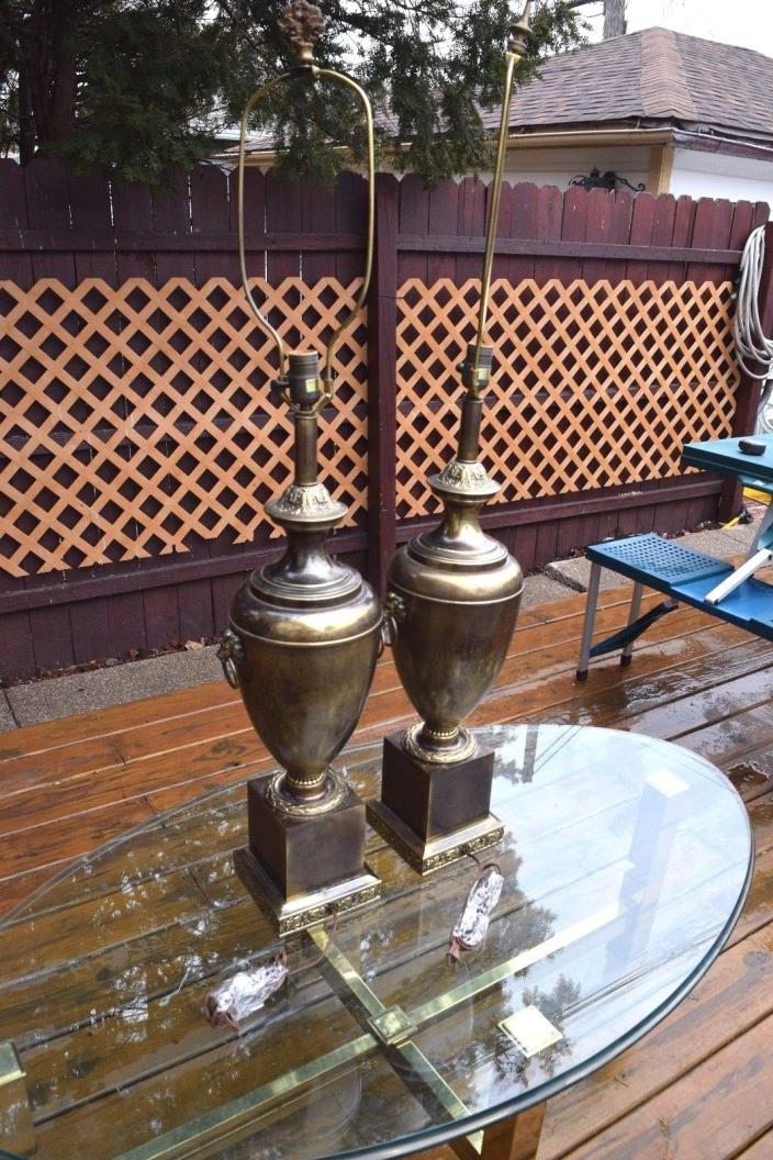 Vtg Pair FREDERICK COOPER Trophy Oxidized Antiqued Brass Ring Urn Bronze Lamps