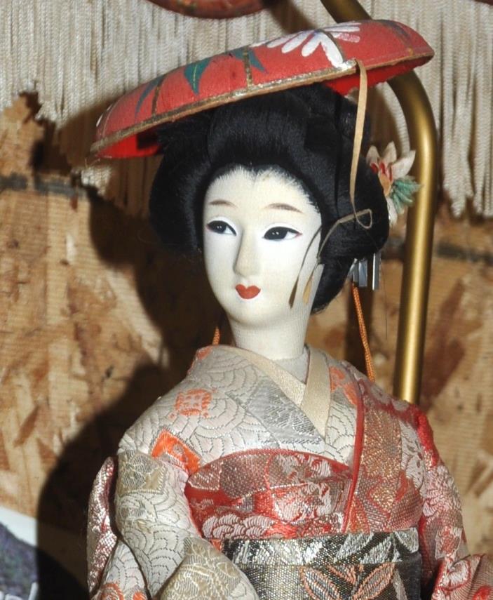 Stunning 3 foot 1940s antique Japan Geisha Lamp wood, metal, fine fabric, works