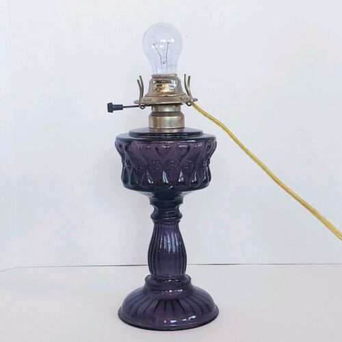 VTG Oil Kerosene Converted Table Lamp-Purple Glass Light Floral Pedestal