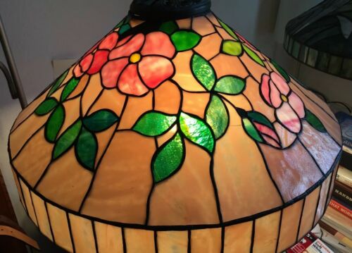Vintage Antique Leaded Art Glass  Lamp Shade w/ Handel Style Hollyhock Pattern