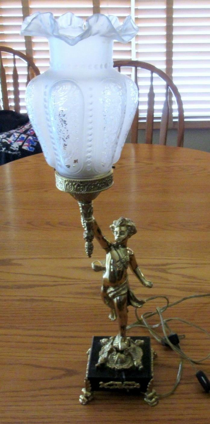 Antique Lamp Italian Marble Base Circa 1910 Frosted Shade Ruffled Edges