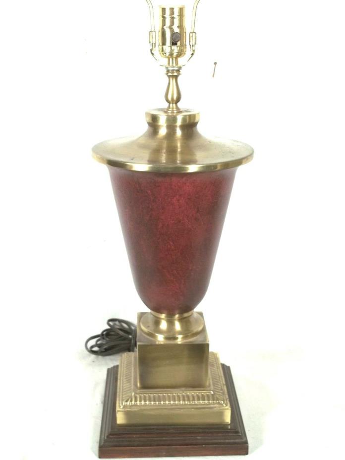 LARGE MID CENTURY BRASS URN LAMP WITH RED MARBLEIZED DECORATION