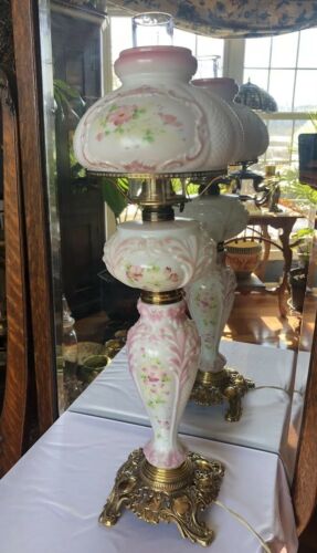 Consolidated Antique Glass Banquest Lamp Fishnet Pink Painted Flowers Complete