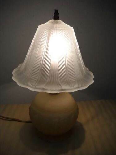 Antique Art Deco Satin Glass Lamp & Shade - Vintage Boudoir Orig Cloth Cord