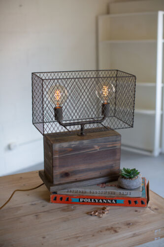 RECTANGLE RECYLCLED WOODEN TABLE LAMP W A WIRE MESH SHADE