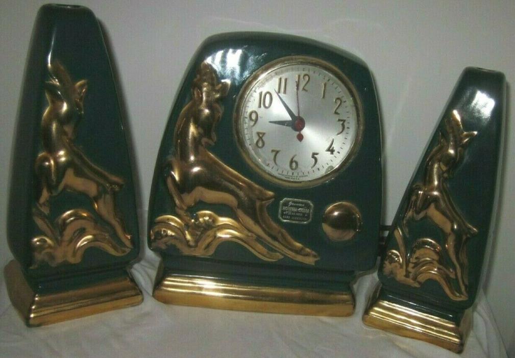 Vintage Session Deer Mantel Clock w/Matching Lamp Bases Howell China 22 Kt Gold