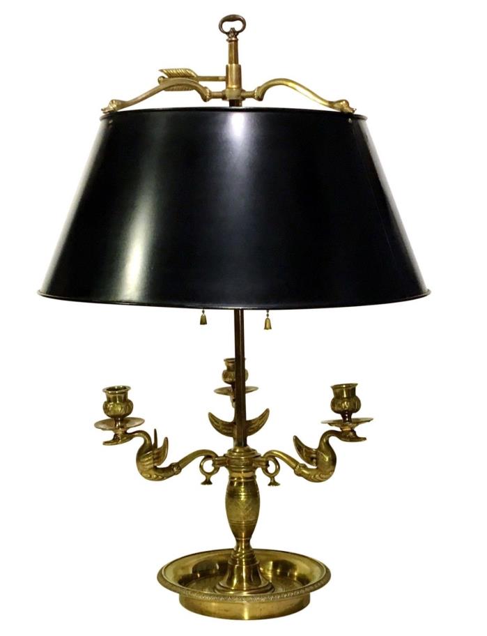 Antique BRONZE BOUILLOTTE LAMP w/ SWANS Black Tole Painted Shade