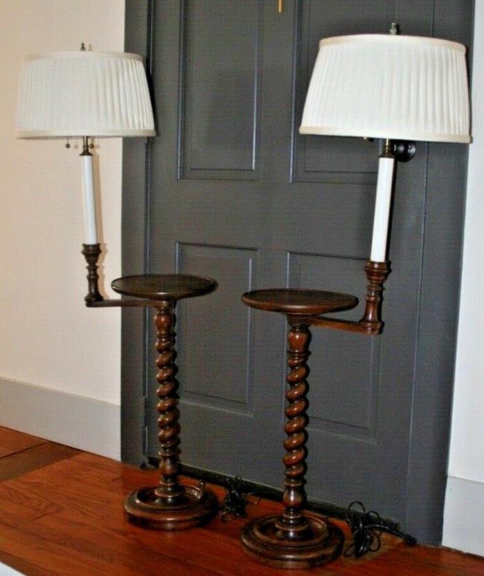 (2) Pair Jacobean Barley Twist Side Tray Floor Lamp End Pedestal Tables Stand