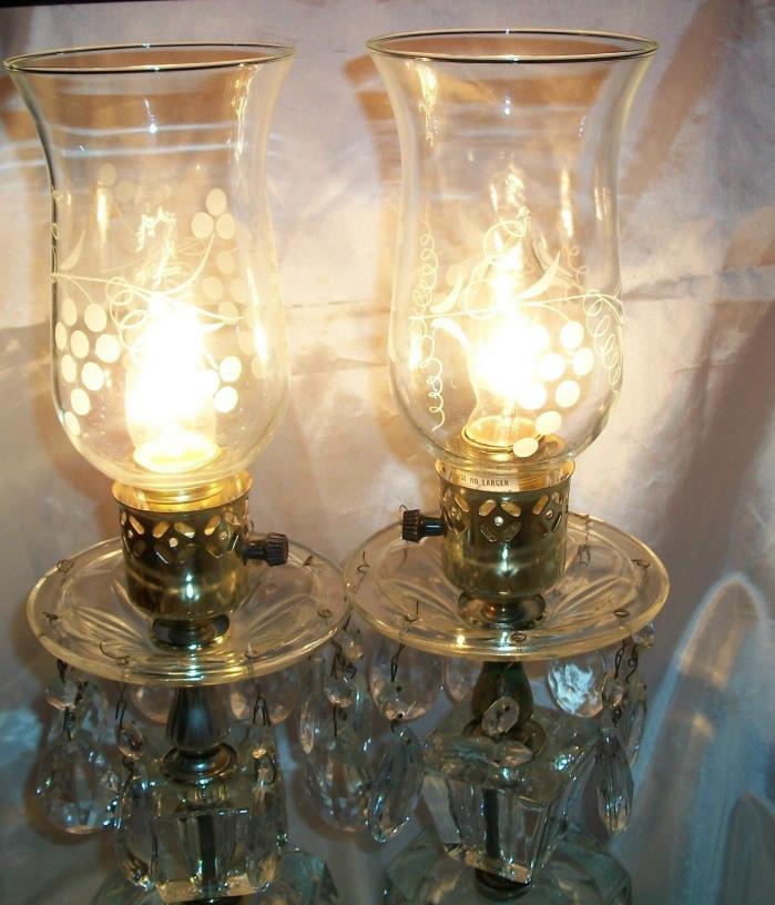 PAIR OF ANTIQUE CRYSTAL 8 TEARDROP  PRISM LAMPS ETCHED FRUIT SHADE