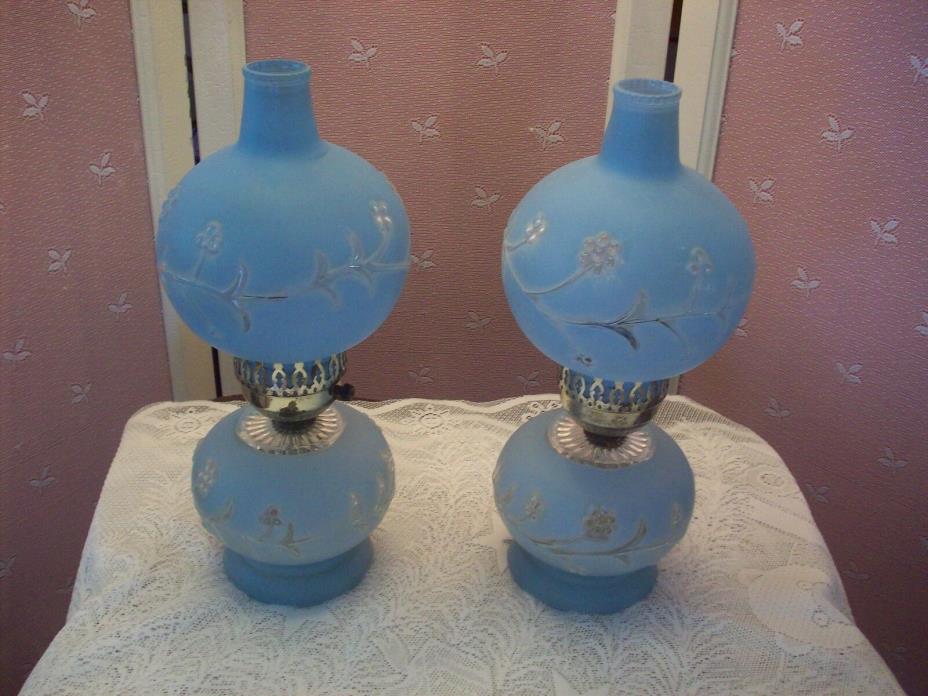 VINTAGE SET OF BLUE GLASS HURRICANE LAMPS