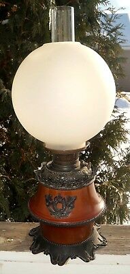 Antique ORANTE 1880s B & H Bradley Hubbard Kerosene Oil Lamp W/Satin Glass Shade