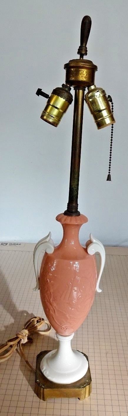 Antique Lenox China Table Lamp Art Deco Asian Coral & Ivory DAV Art Brass Base